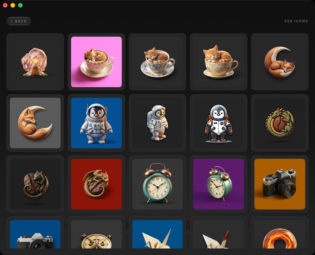 Forrrge gallery view: a grid of previously forged icons