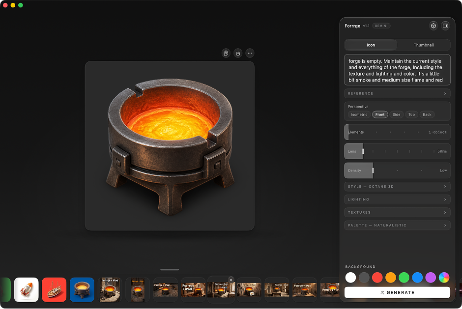 Forrrge 1.1 main window: a forged crucible icon on the dark canvas beside the controls panel