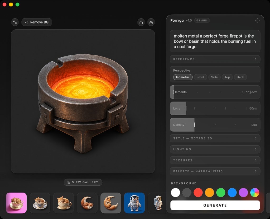 Forrrge main window: a forged crucible icon on the dark canvas beside the controls panel